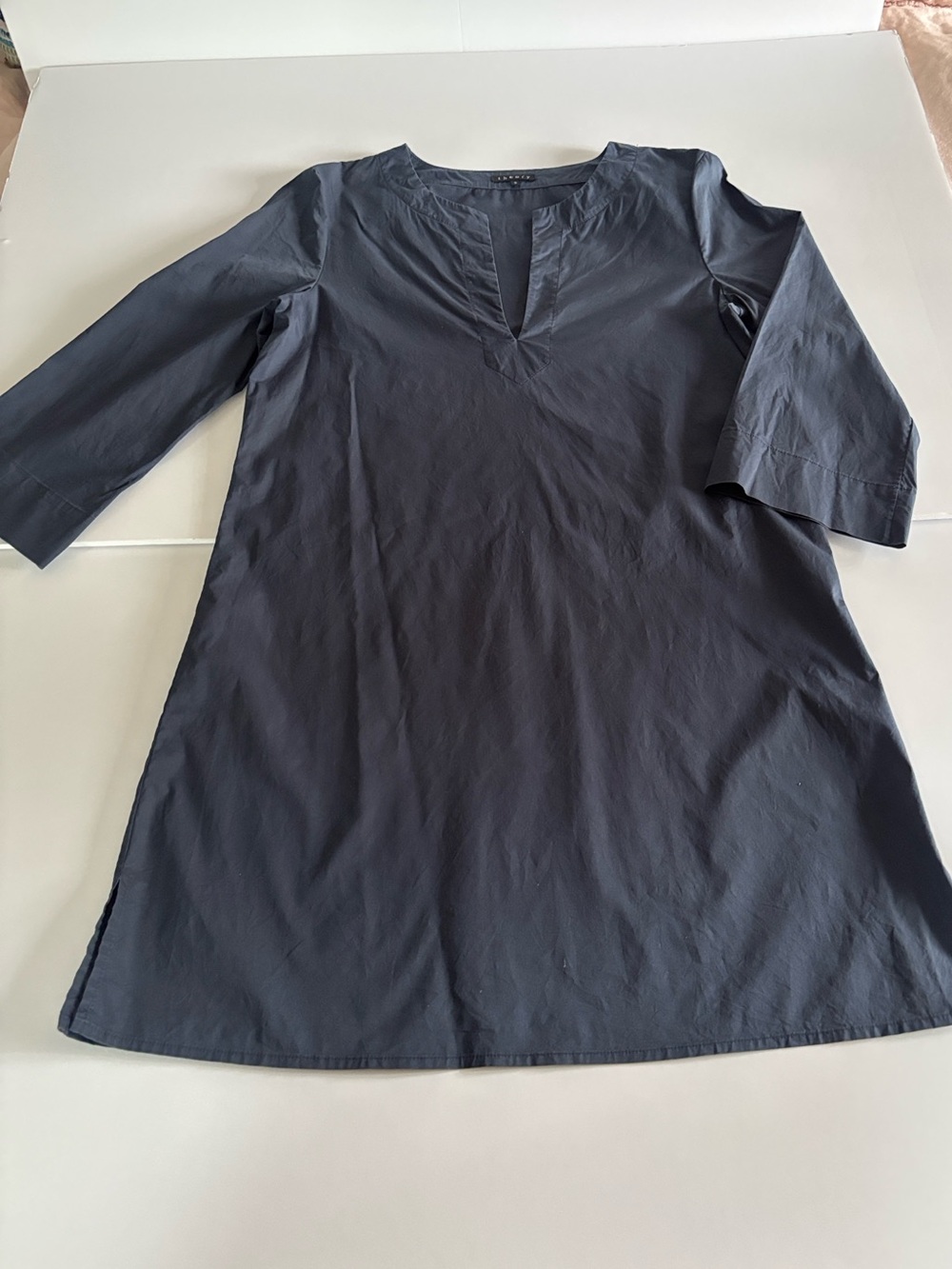 Theory Split-Neck Shift Dress Navy Blue Cotton Tunic Mini 3/4 Long Sleeve S Gray